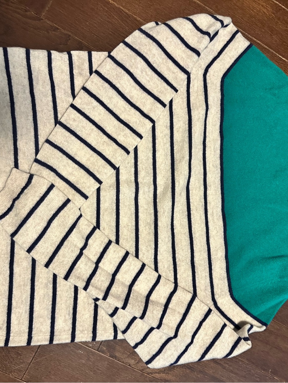 Lands' End Teal Yoke Cream and Navy Striped Crewneck Sweater - Picture 3 of 3